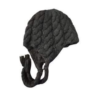 Women’s Black Cable Knit Earflap Hat One Size Winter Beanie w/ Tassel Ties